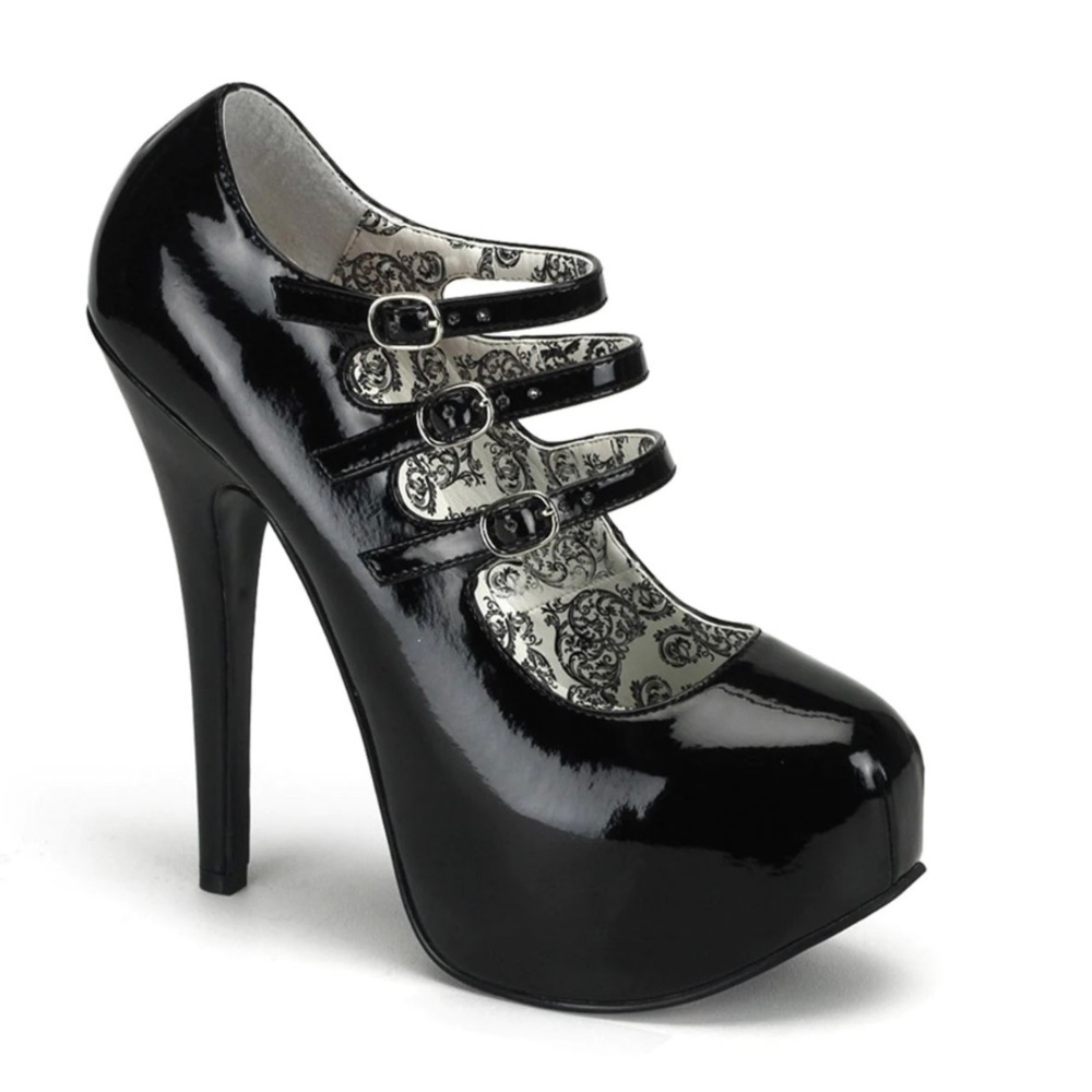 Bordello Teeze high heel three strap black patent heel, women’s 10, fits like 9.